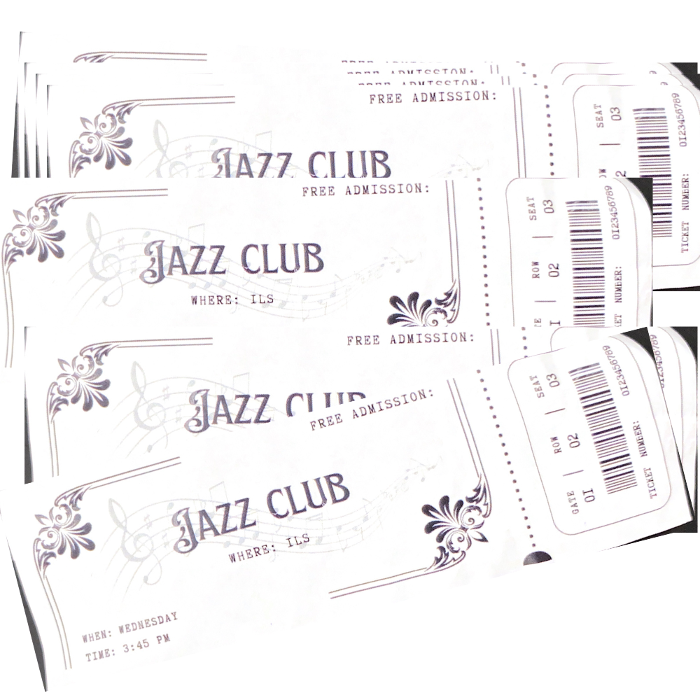 Close up shots of a narrow black and white vintage style jazz club ticket.