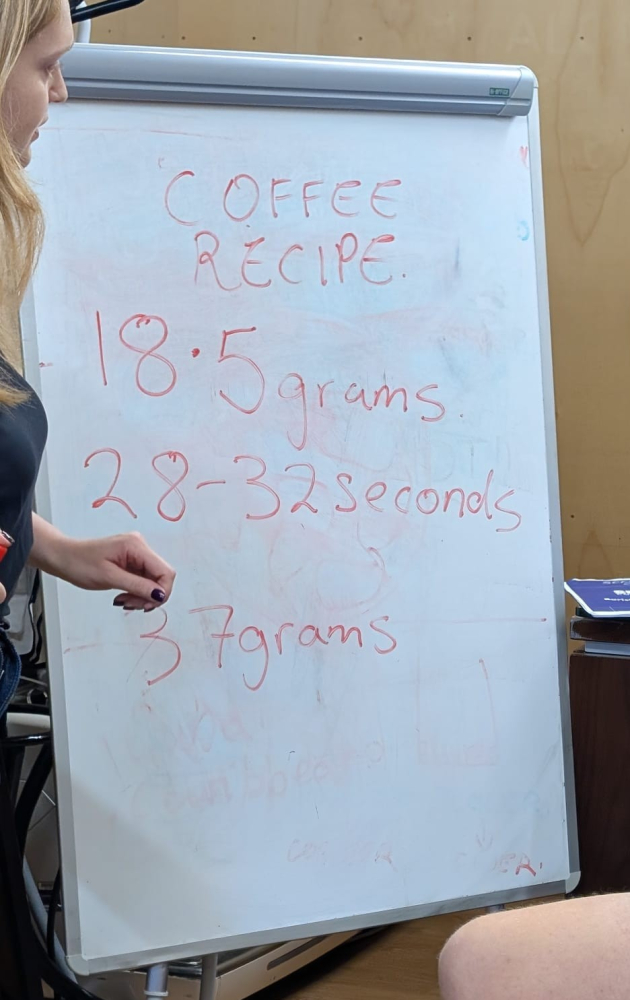 Close up of a flip chart with information about weights and measurements for making a coffee