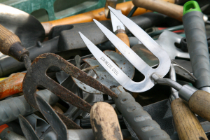 Close up of a range of gardening hand trowels and forks