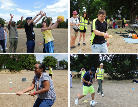 Montage of four images at sports day, first shows a group of people with hands in the air passing a ball above their heads, second shows a man carefully balancing an egg on a spoon, third shows a lady at the end of the rope in tug of war, fourth shows a man dribbilng a football with a volunteer in a high vis jacket cheering him on.