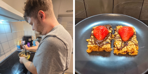 Two side by side photos: on the left a man standing at a hob stirring a pan, on the right a close up of flapjacks covered in chocolate sauce and strawberries.