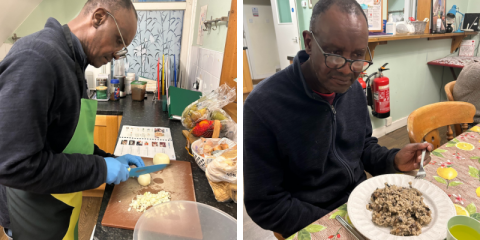 Two side by side photos of a man chopping an onion whilst following a recipe and on the right he's sitting at a table eating the finished risotto dish