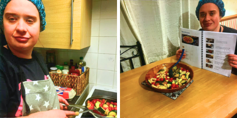 Two side by side photos: on the left a lady stirs a pan on a hob full of colourful vegetables, on the right she sits at a table with a finished veg pasta dish and holding open a cookbook.