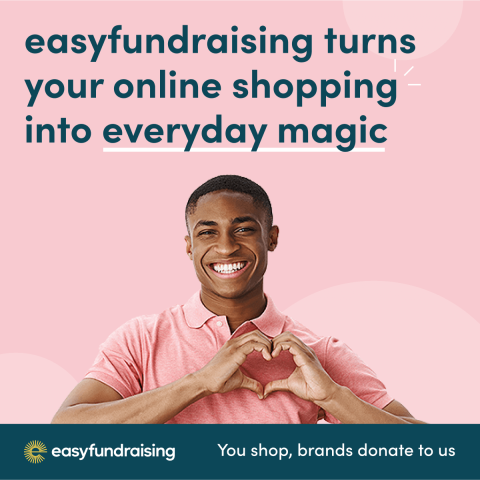 easyfundraising turns your online shopping into everyday magic. Followed by image of man making a heart with his hands, wearing pink and on a pink background.