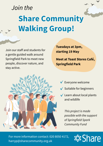 poster for the Share walking group, Tuesdays at 3pm at Toaststores cafe, all welcome, starts 19 May