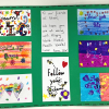 Multiple brightly coloured hand-designed postcards and messages like "Follow Your Dreams" from a student at Eaton House the Manor Girls' school