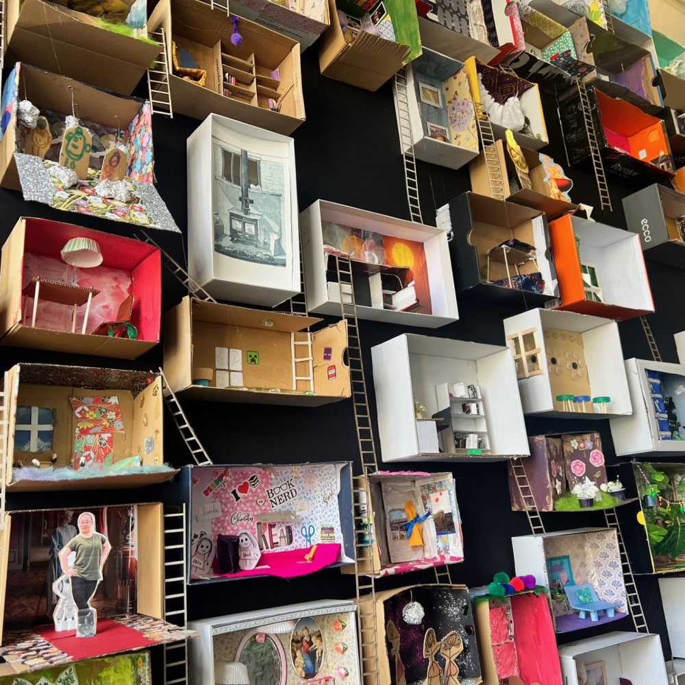 Close up of the shoeboxes in the installation